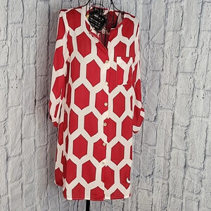 Gameday Couture Red White Geometric Button Front Shirt Dress Small NWOT